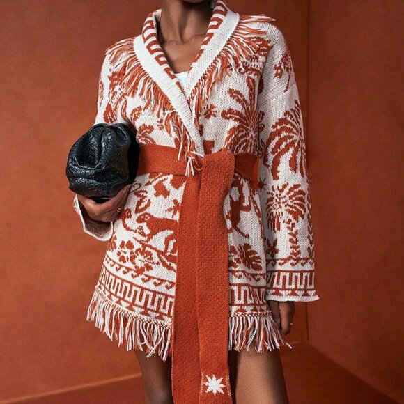 Multicolor Elegant Womens V-Neck Belted Sweater Cardigan - Picture 6 of 6